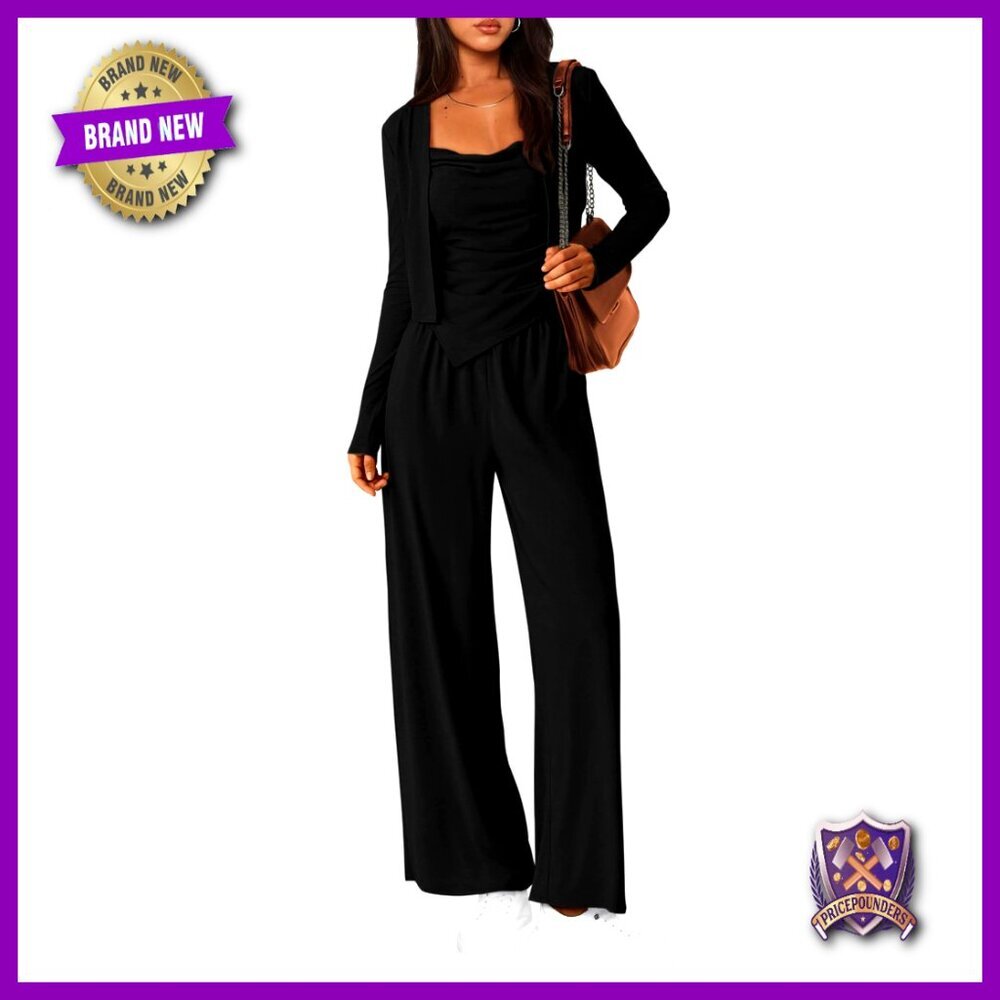 3 Piece Lounge Set Knitted Tracksuit Chic Oversized Cardigan Wide Leg Pants